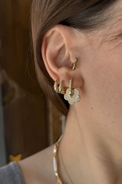 VIP Taşlı ve Plaka Çiçek Sallantılı Halka Küpe 14K