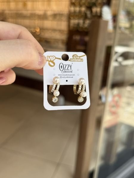 VIP Taş Sallantılı Çift İncili Halka Küpe 14K