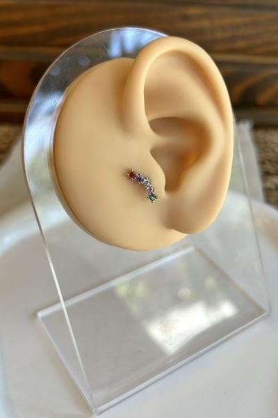 5 Renkli Taşlı Yay Model Çelik Tragus Kıkırdak Piercing 8 mm Bar