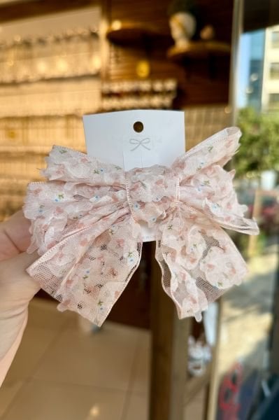 Çiçek Desenli Dantel Fiyonk Otomatik Toka Pembe
