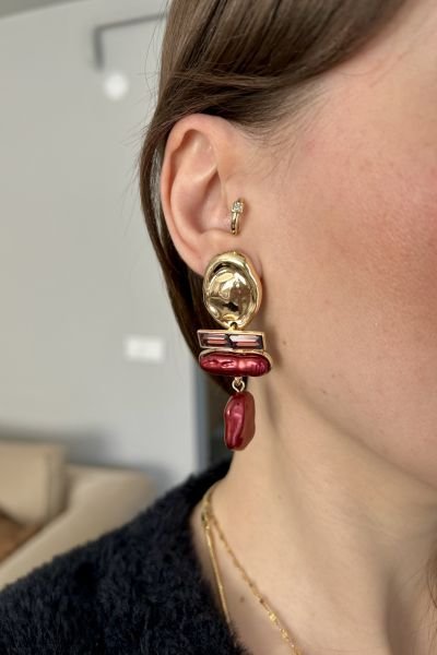 Bordo Taşlı Marka Model Sallantılı Küpe