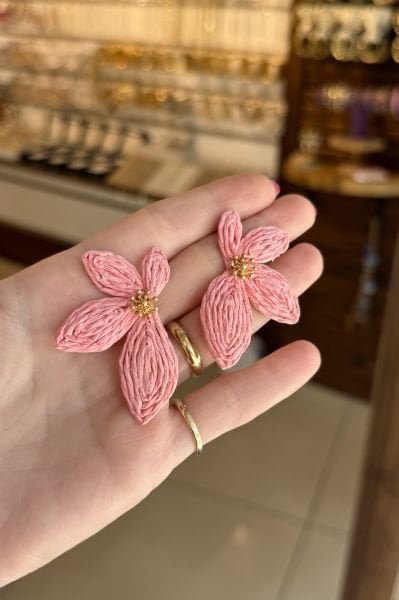 Hasır Örgülü Çiçek Küpe Pembe