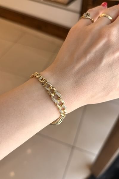 VIP Gömme Taşlı Ortası Yassı Zincir Model Bileklik 16 + 3 cm