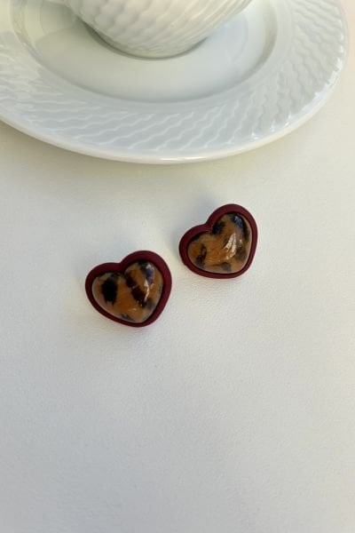 Leopar Kalp Küpe Bordo Çerçeve