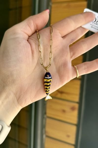 Oval Zincir Mineli Balık Model Çelik Kolye 45 cm Lacivert