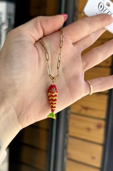 Oval Zincir Mineli Balık Model Çelik Kolye 45 cm Kırmızı