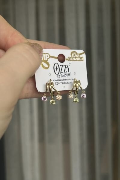 VIP 3 Renkli Taş Sallantılı Halka Küpe 14K