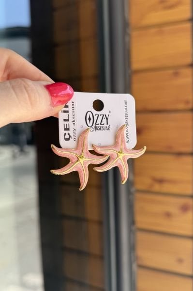 Mineli Deniz Yıldızı Çelik Küpe Somon