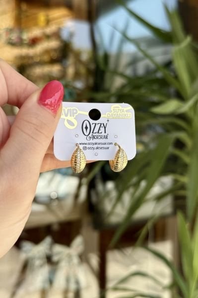 VIP Ortası Sıra Taşlı Tırtık Model Oval Halka Küpe 14K