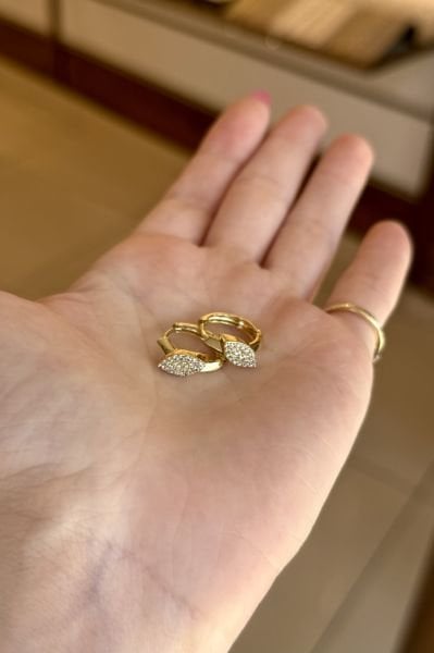 VIP Gömme Taşlı Yatık Damla Model Halka Küpe 14K