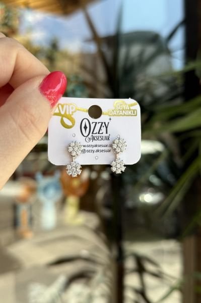 VIP Gömme Taşlı Çift Çiçek Model Küpe Gümüş Renk