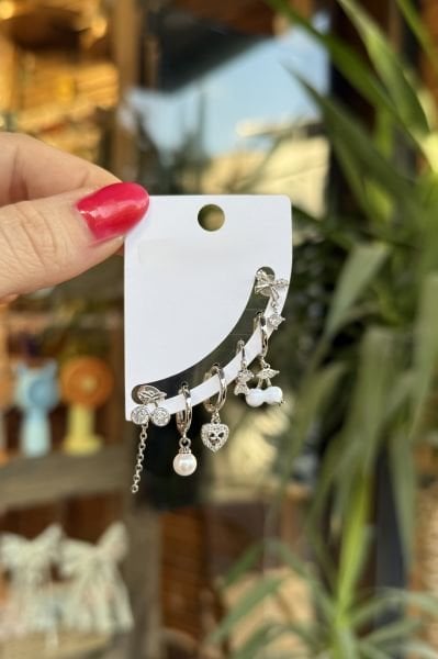 Kalp ve Kiraz Detay 6'lı Set Küpe Gümüş Renk