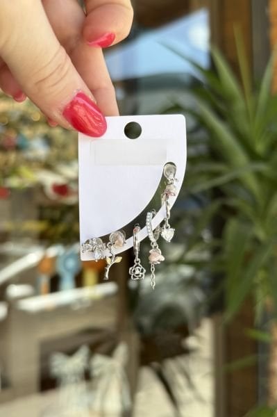 Gül ve Fiyonk Detay 6'lı Set Küpe Gümüş Renk
