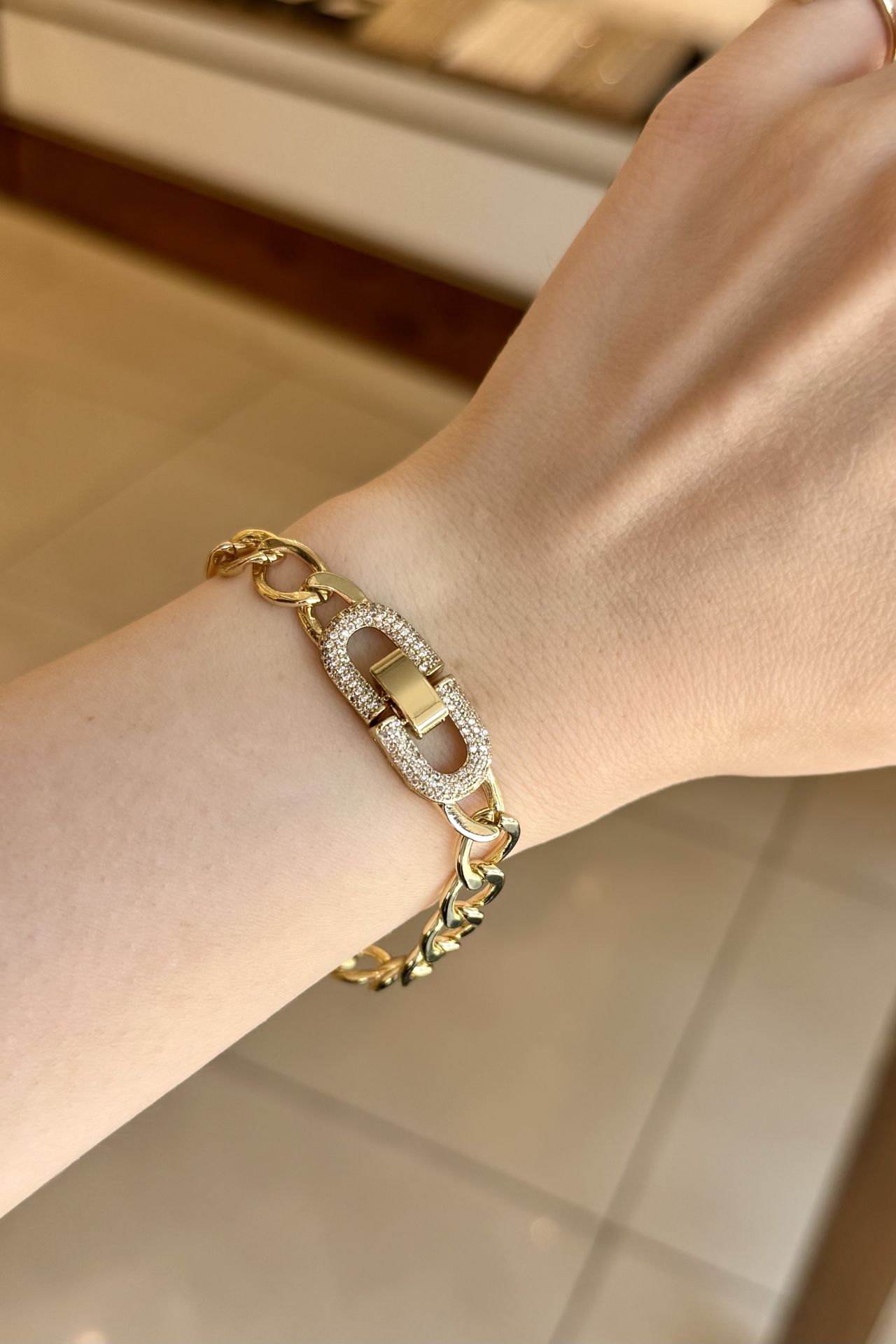VIP Klipsleri Gömme Taş İşlemeli Zincir Bileklik 19cm 14K