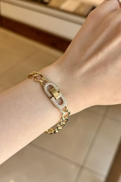 VIP Klipsleri Gömme Taş İşlemeli Zincir Bileklik 19cm 14K