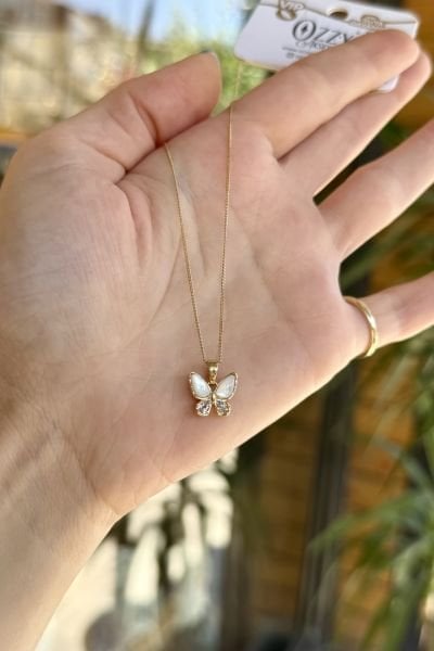VIP Gerçek Sedef ve Zirkon Taş Kanatlı Kelebek Kolye 14K 45 cm