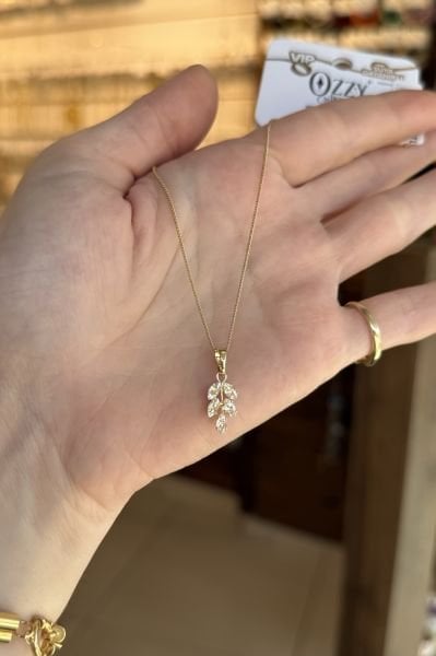 VIP Zirkon Taş Yapraklı Salkım Kolye 14K 45 cm
