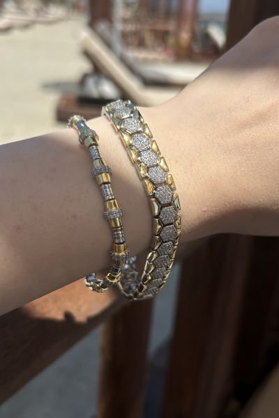 Gömme Taşlı Petek Örgü İki Renk Premium Bileklik 17 + 2 cm