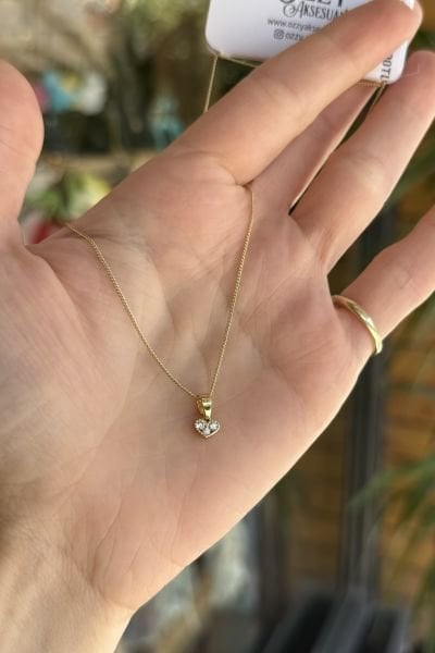 VIP 3 Gömme Taşlı Minimal Kalp Kolye 45 cm 14K