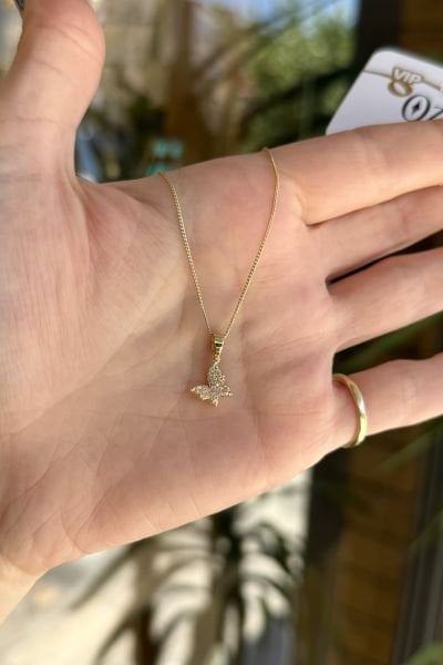 VIP Gömme Taş İşlemeli Kelebek Kolye 45 cm 14K