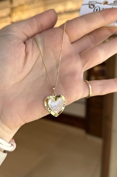 VIP Gerçek Sedefli Plaka Üzeri Kalp Model Kolye 45 cm 14K