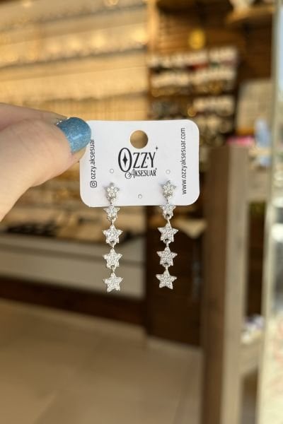 Taş İşlemeli Sıra Yıldız Küpe Gümüş Renk