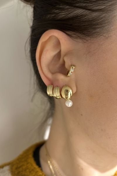 VIP İnci Detaylı Oval Top Model Halka Küpe 14K