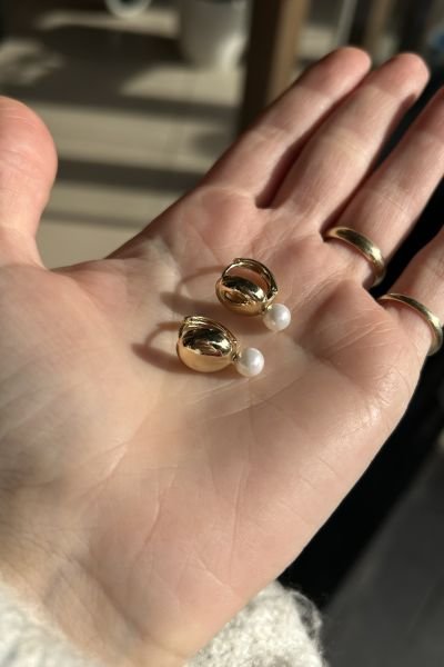 VIP İnci Detaylı Oval Top Model Halka Küpe 14K