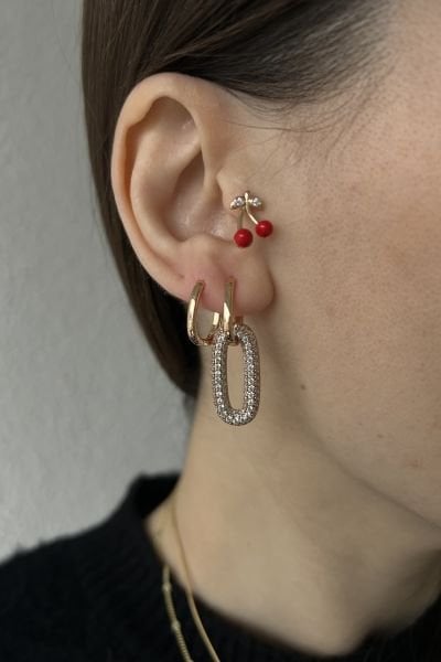 VIP Gömme Taşlı Oval Halka Sallantılı Küpe 22K