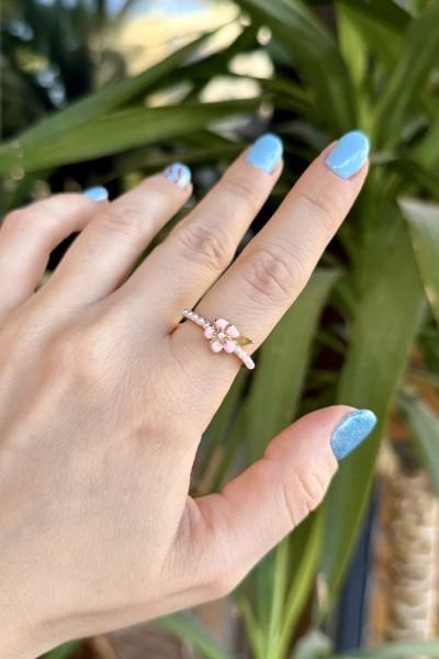 İnci Detaylı Pembe Mineli Model Ayarlanabilir Yüzük