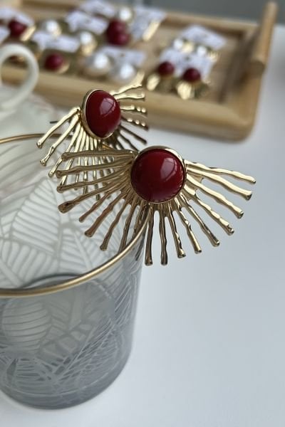 Yuvarlak Taşlı Büyük Yelpaze Küpe Bordo