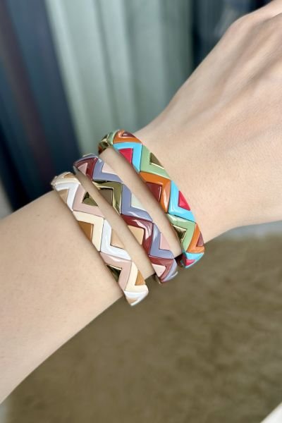 Zigzag Örgü Model Porselen Kaplama Lastikli Bileklik Brownie