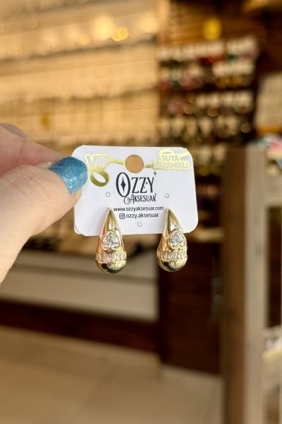VIP Zirkon Taş Kalp İşlemeli Damla Küpe 14K