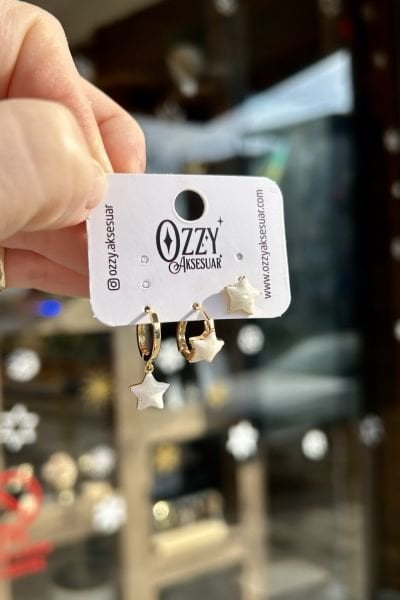 Sedef Detaylı Yıldız Model Premium 3'lü Set Küpe 14K