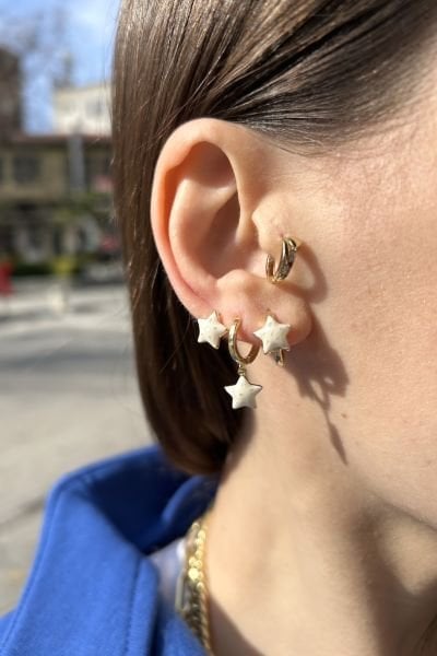 Sedef Detaylı Yıldız Model Premium 3'lü Set Küpe 14K