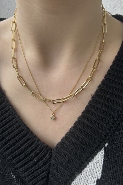 VIP Gömme Taşlı Yıldız Uçlu Kolye 45cm 14K