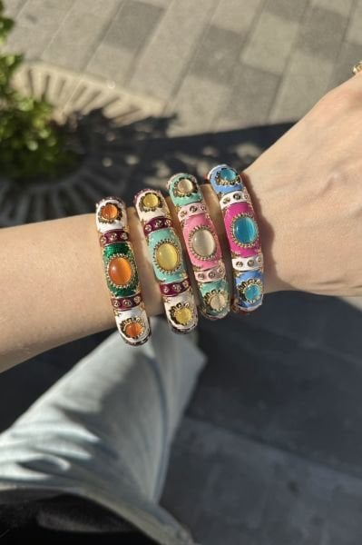 Oval Taşlı Renkli Mineli Vintage Kelepçe Bileklik