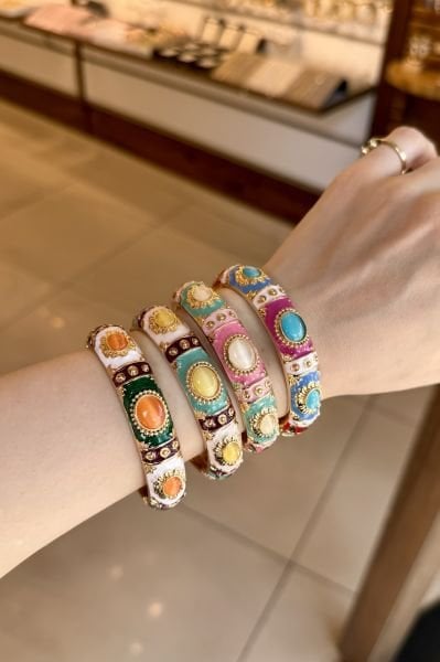 Oval Taşlı Renkli Mineli Vintage Kelepçe Bileklik