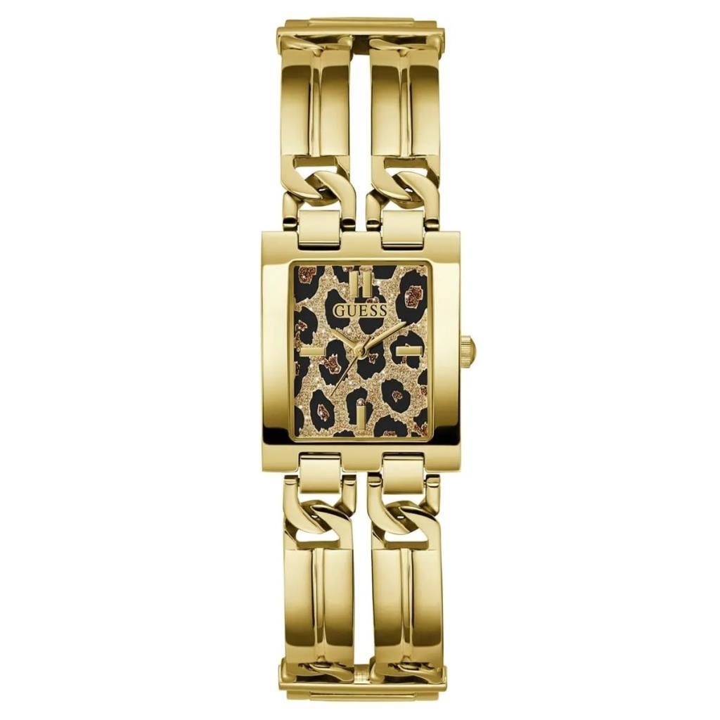 GUESS GUGW0807L2 ALTIN KAPLAMA LEOPAR KADRAN DİKDÖRTGEN KADIN KOL SAATİ