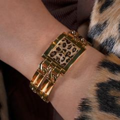 GUESS GUGW0807L2 ALTIN KAPLAMA LEOPAR KADRAN DİKDÖRTGEN KADIN KOL SAATİ