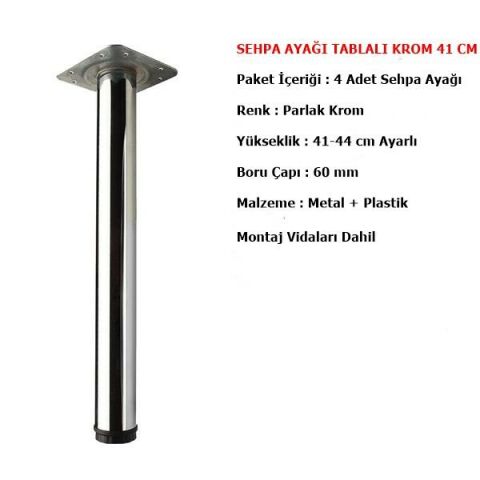 4 Adet Sehpa Ayağı 41 cm Ayarlı Krom Mobilya Ayak Çap : 60 mm