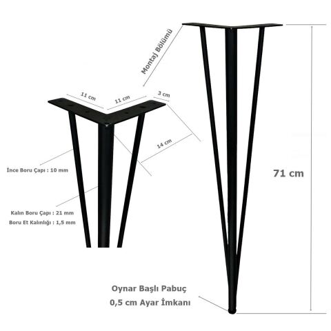 2 Adet Firkete Masa Ayağı 71 cm Mat Siyah Mobilya Ayak Pabuçlu