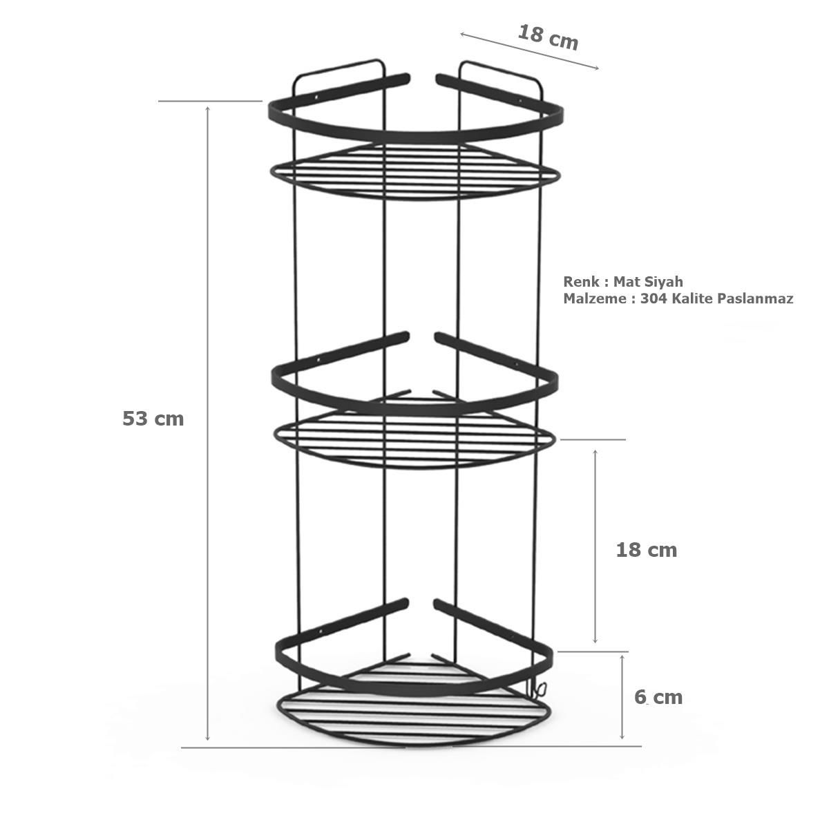 Tema 3 Katlı Köşelik Banyo Rafı Şampuanlık Mat Siyah Paslanmaz