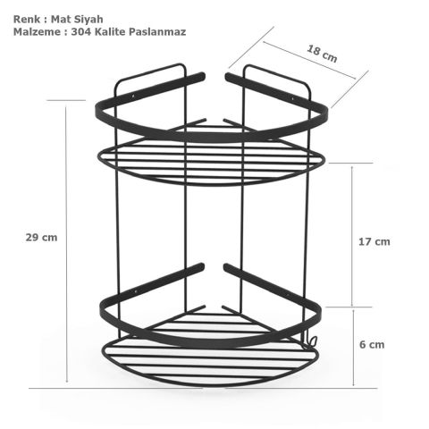 Tema 2 Katlı Köşelik Banyo Rafı Şampuanlık Mat Siyah Paslanmaz