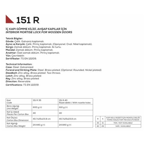 Kale 151-R Oda Kapısı Kilidi Oval Ayna 40 mm