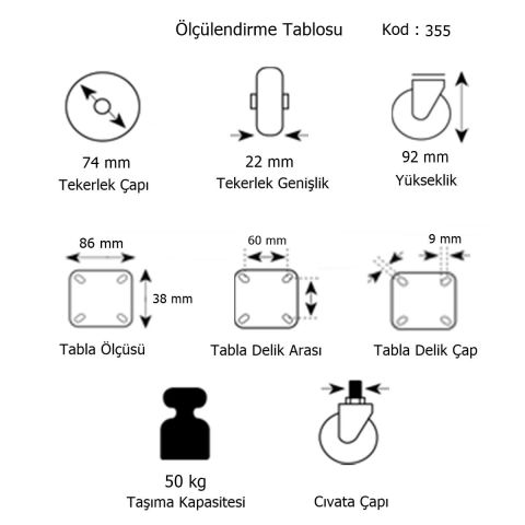 Hts Sabit Tablalı Mobilya Tekeri Tekerlek Çap : 74 mm Kod : 355