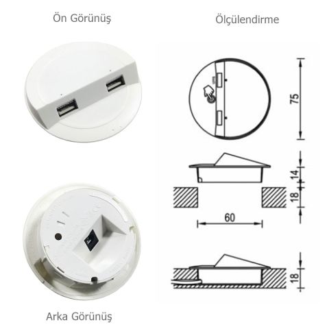 Çalışma Masası için Masa Üstü Usb Şarj Cihazı Beyaz Adaptörsüz