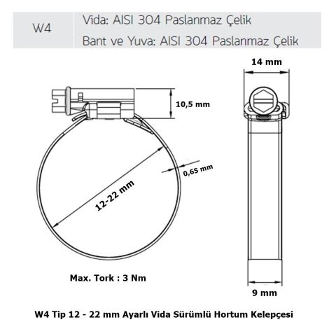 Mikalor 200 Adet W4 Hortum Kelepçesi 12-22 mm 304 Paslanmaz