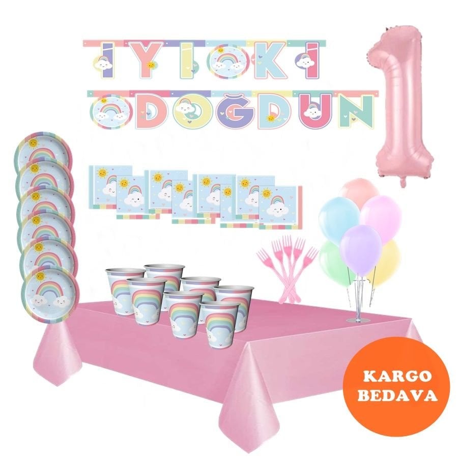 Gökkuşağı 1 Yaş Doğum Günü Seti 8 Kişilik