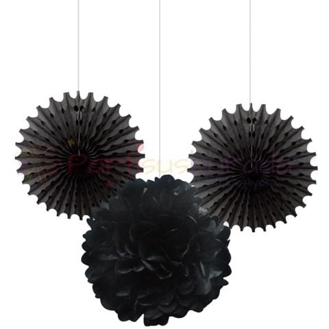 Siyah Ponpon Yelpaze Set 3 lü